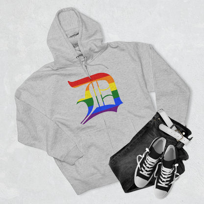 Detroit 'Old English D' Hoodie (Full-Body Rainbow Pride Edition) | Unisex Full Zip