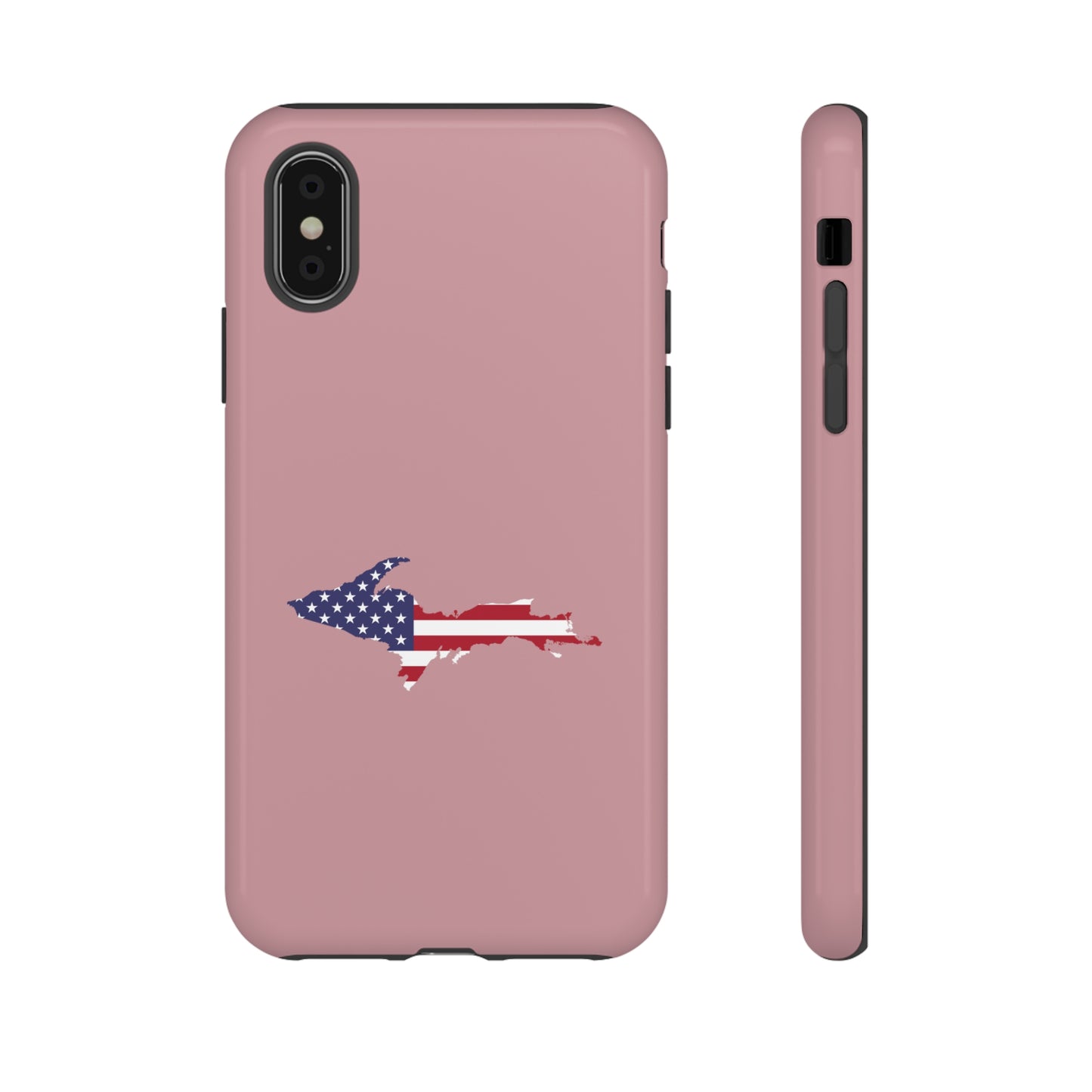 Michigan Upper Peninsula Tough Phone Case (Cherry Blossom Pink w/ UP USA Flag Outline) | Apple iPhone