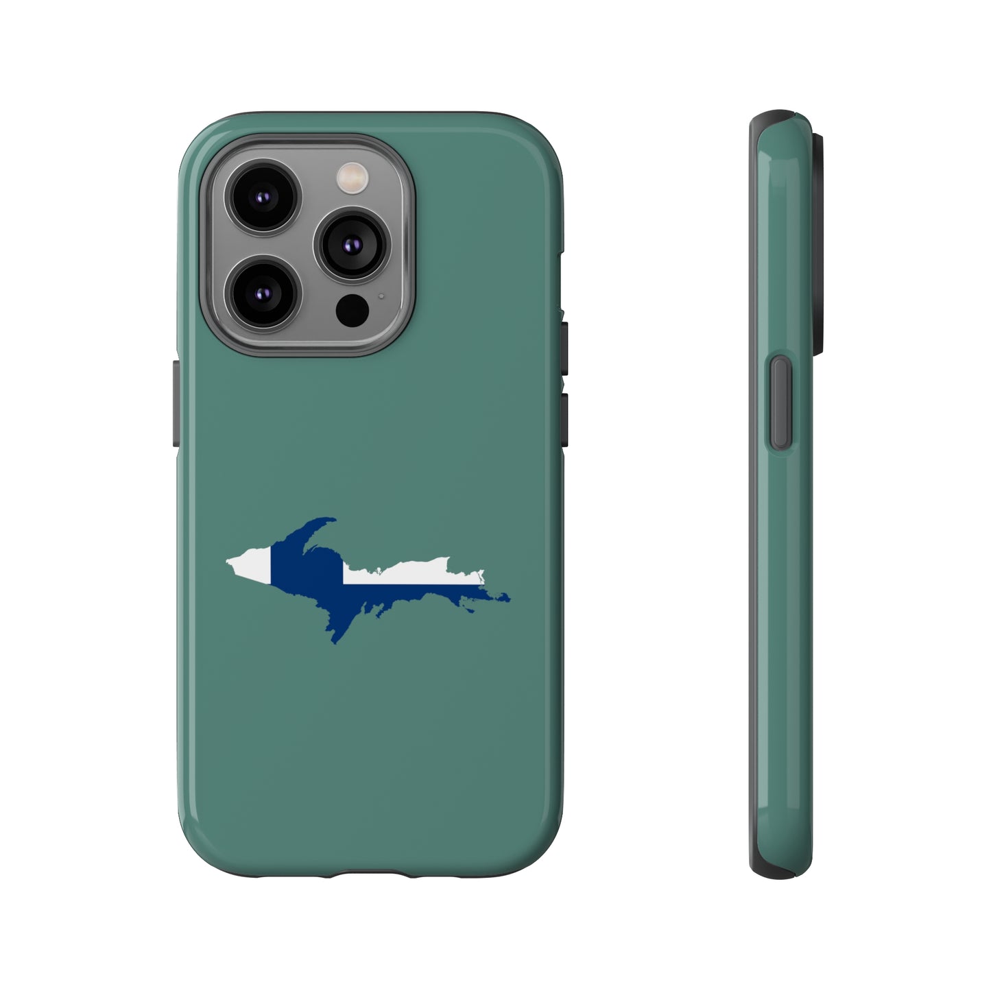 Michigan Upper Peninsula Tough Phone Case (Copper Green w/ UP Finland Flag Outline) | Apple iPhone