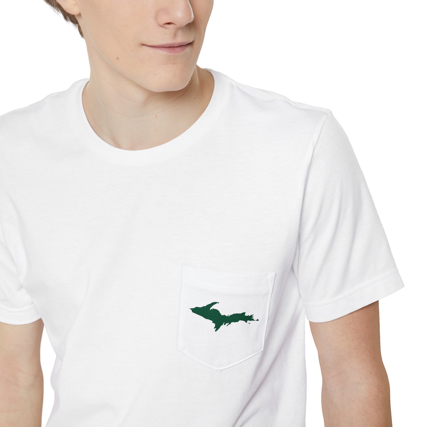 Michigan Upper Peninsula Pocket T-Shirt (w/ Green UP Outline) | Unisex Standard