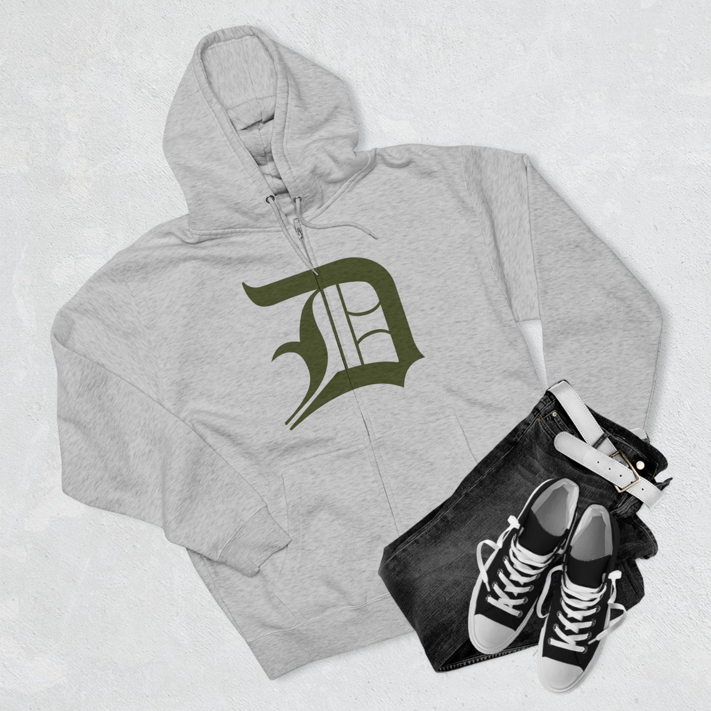 Detroit 'Old English D' Hoodie (Full-Body Army Green) | Unisex Full Zip