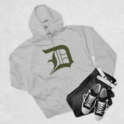 Detroit 'Old English D' Hoodie (Full-Body Army Green) | Unisex Full Zip