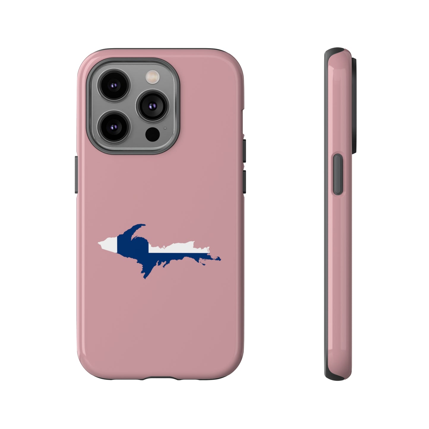 Michigan Upper Peninsula Tough Phone Case (Cherry Blossom Pink w/ UP Finland Flag Outline) | Apple iPhone