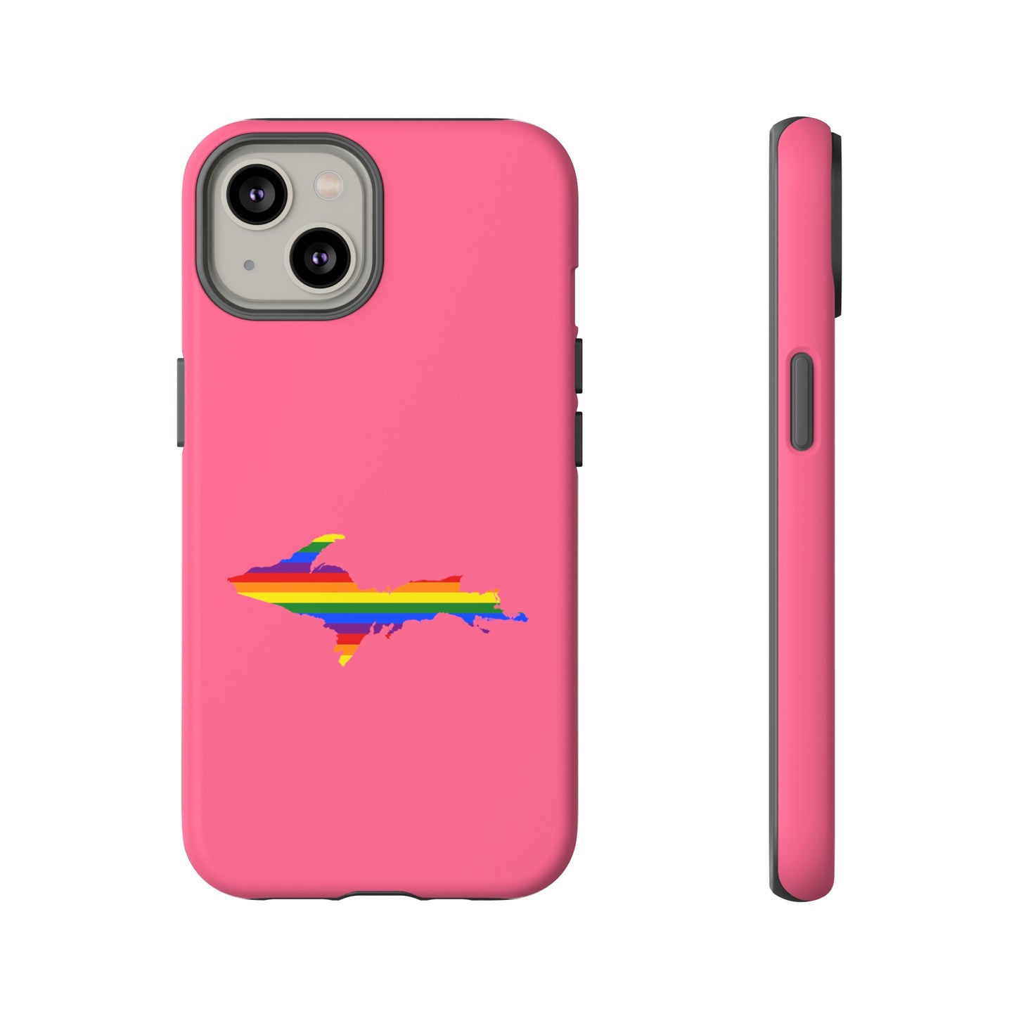 Michigan Upper Peninsula Tough Phone Case (Rhodochrosite Pink w/ UP Pride Flag Outline) | Apple iPhone