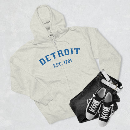 'Detroit EST. 1701' Hoodie (Azure Ballpark Font) | Unisex Full Zip