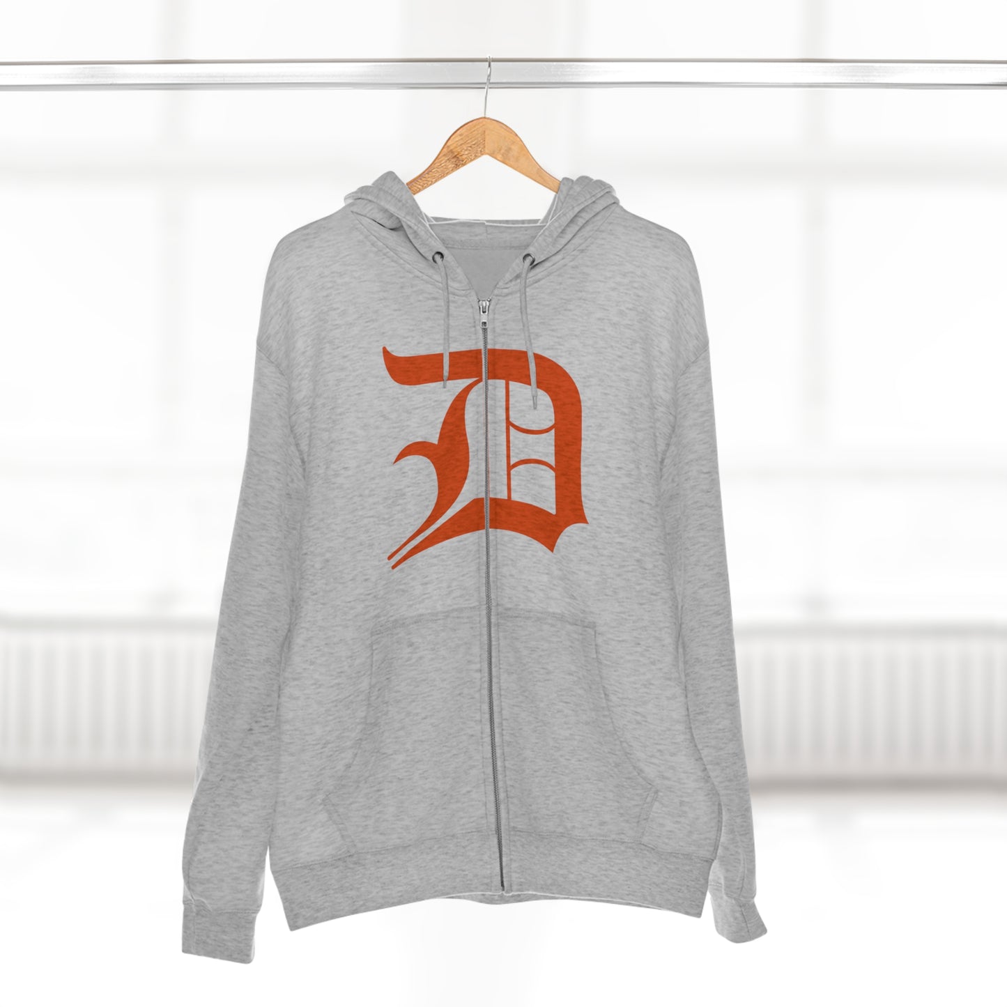 Detroit 'Old English D' Hoodie (Full-Body Maple Leaf Orange) | Unisex Full Zip