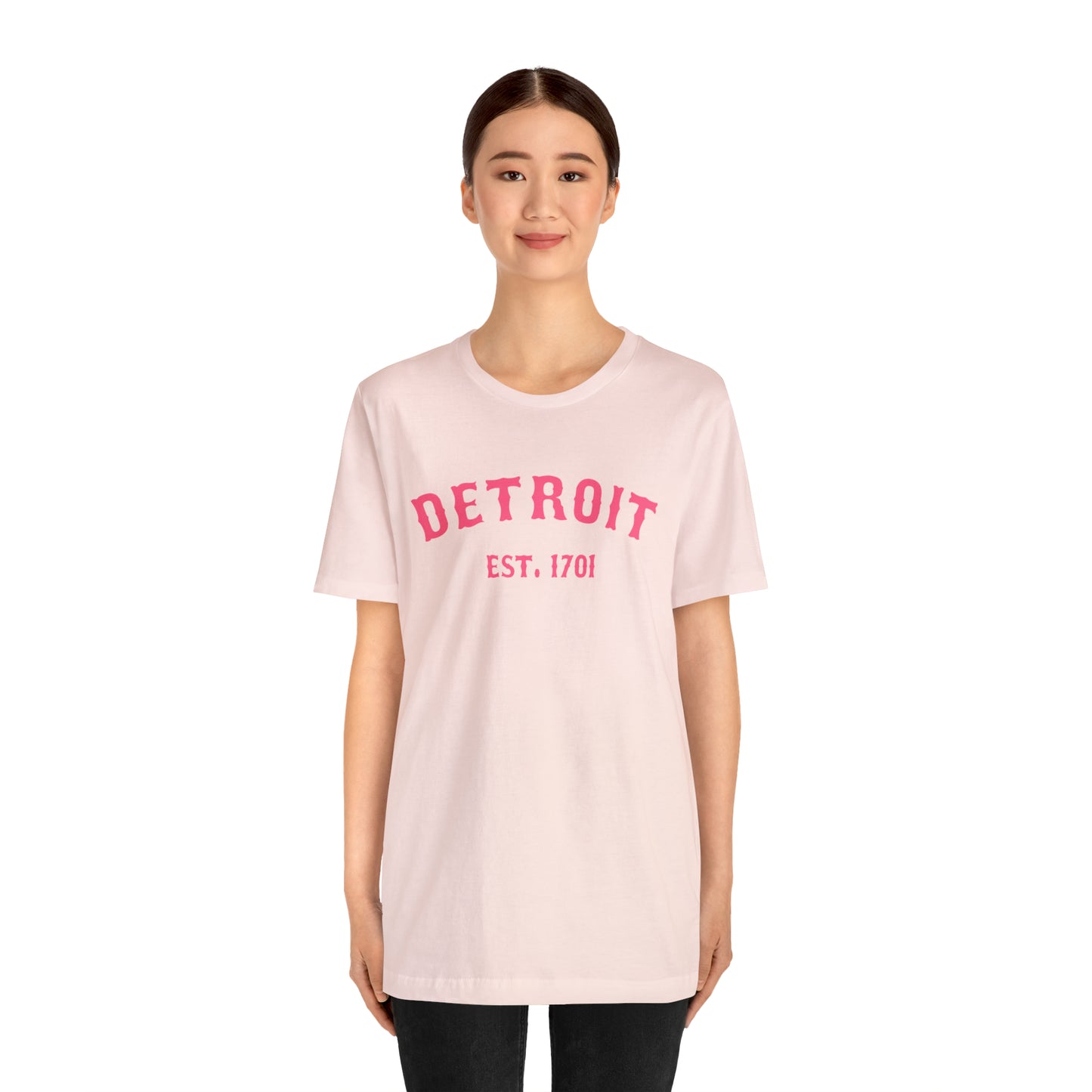 'Detroit EST. 1701' T-Shirt (Rhodochrosite Pink Ballpark Font) | Unisex Standard