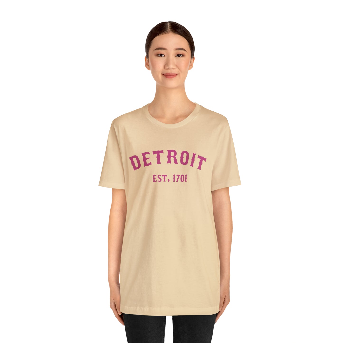 'Detroit EST. 1701' T-Shirt (Apple Blossom Pink Ballpark Font) | Unisex Standard