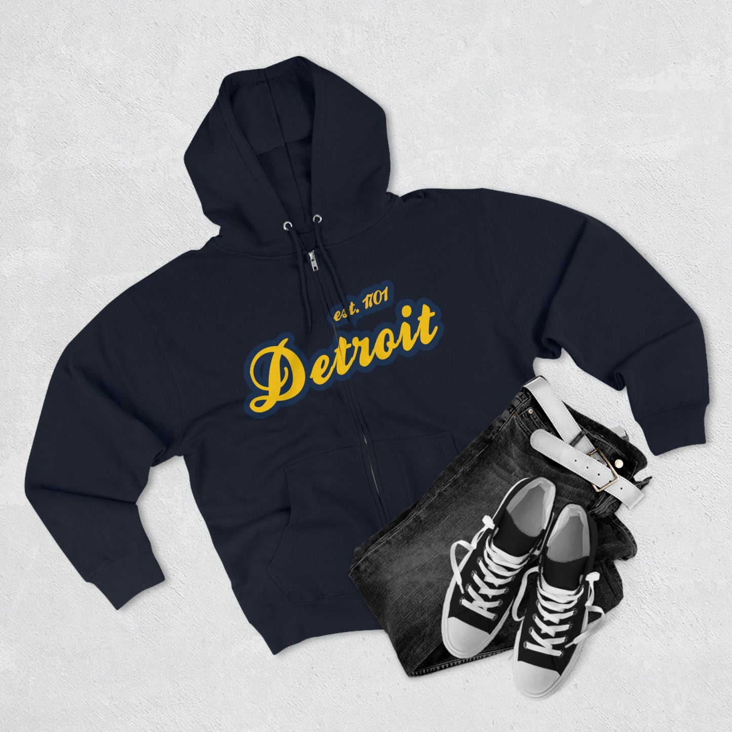 Detroit EST 1701' Hoodie (Gold/Navy Script Font) | Unisex Full Zip