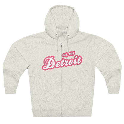 'Detroit EST 1701' Hoodie (Rhodochrosite Pink Script Font) | Unisex Full Zip