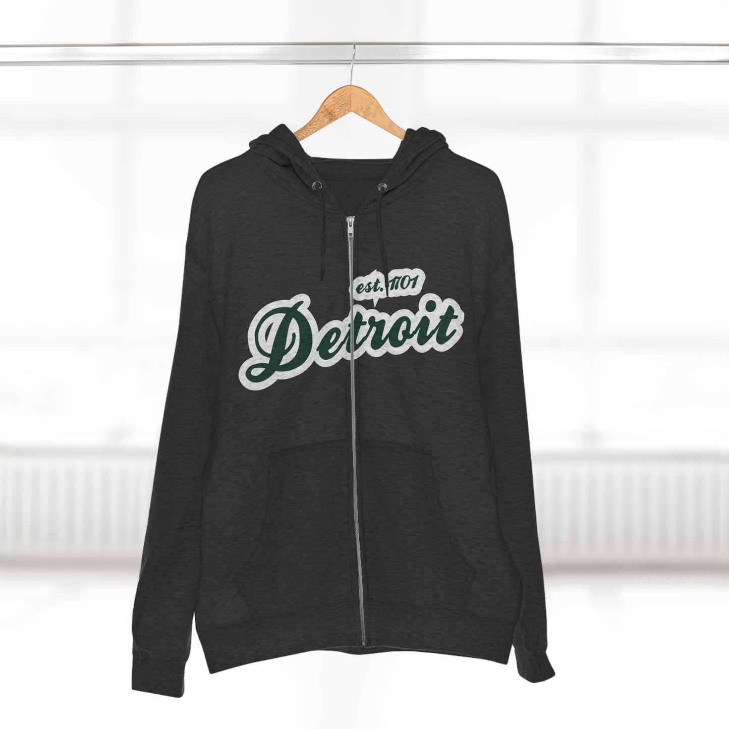 'Detroit EST 1701' Hoodie (Laconic Green Script Font) | Unisex Full Zip