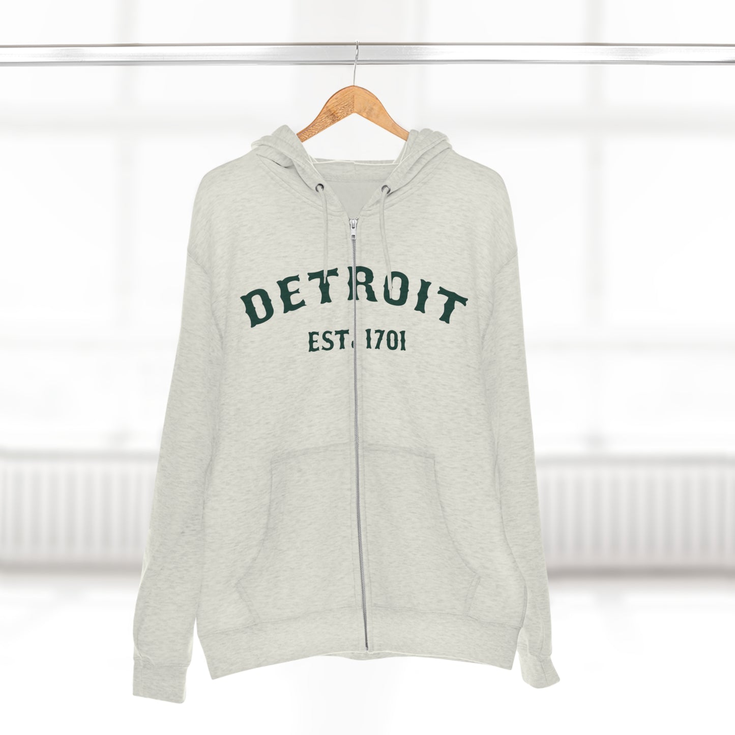 'Detroit EST. 1701' Hoodie (Laconic Green Ballpark Font) | Unisex Full Zip