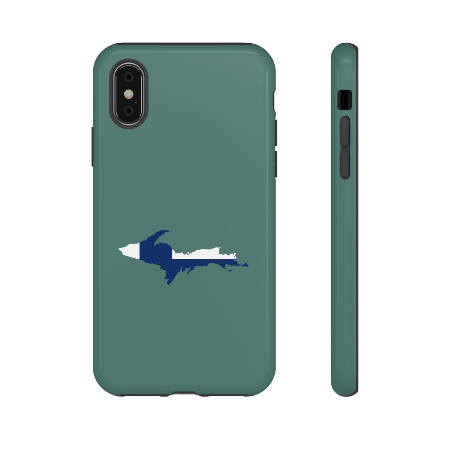 Michigan Upper Peninsula Tough Phone Case (Copper Green w/ UP Finland Flag Outline) | Apple iPhone