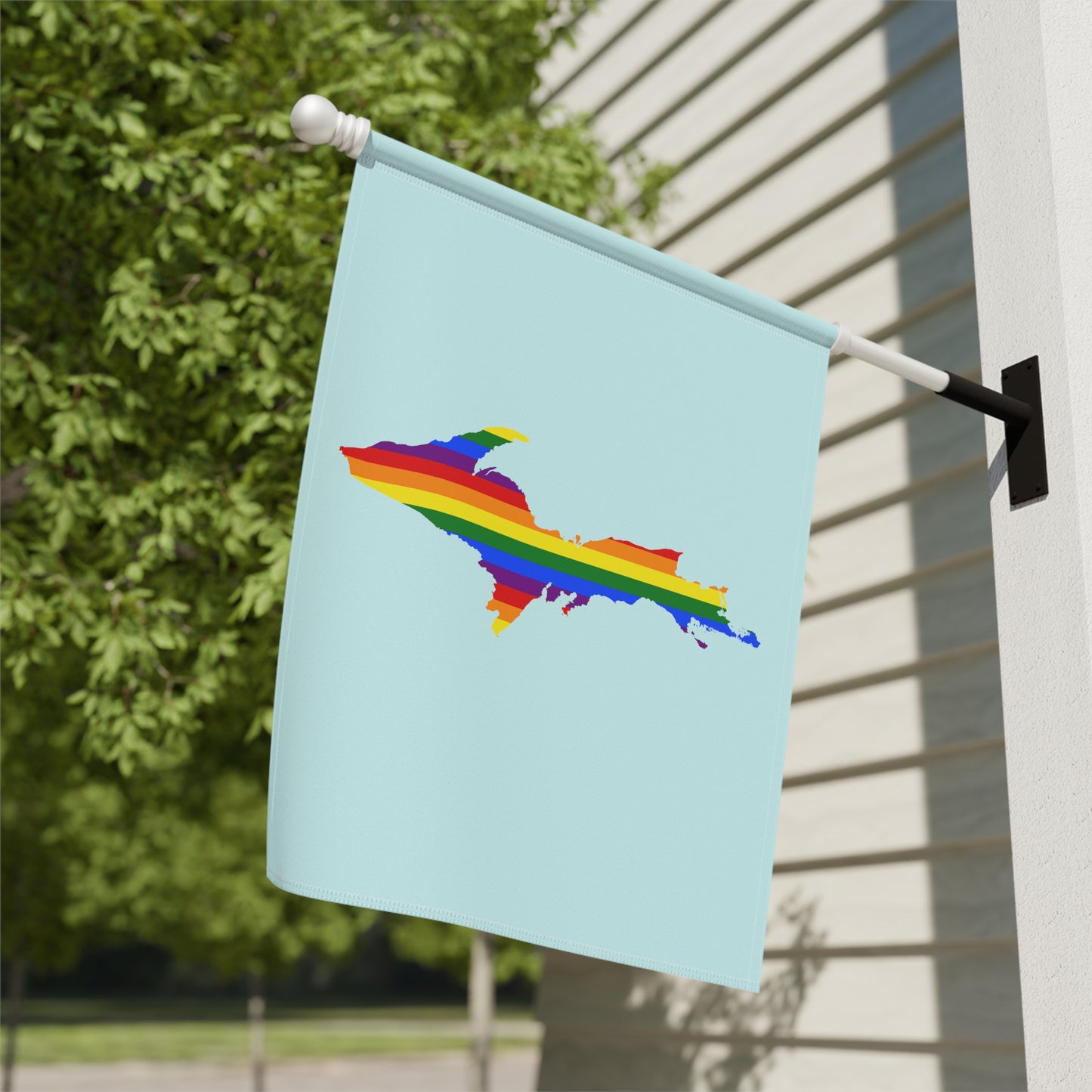 Michigan Upper Peninsula Home & Garden Flag (w/ UP Rainbow Pride Flag) | Cyan