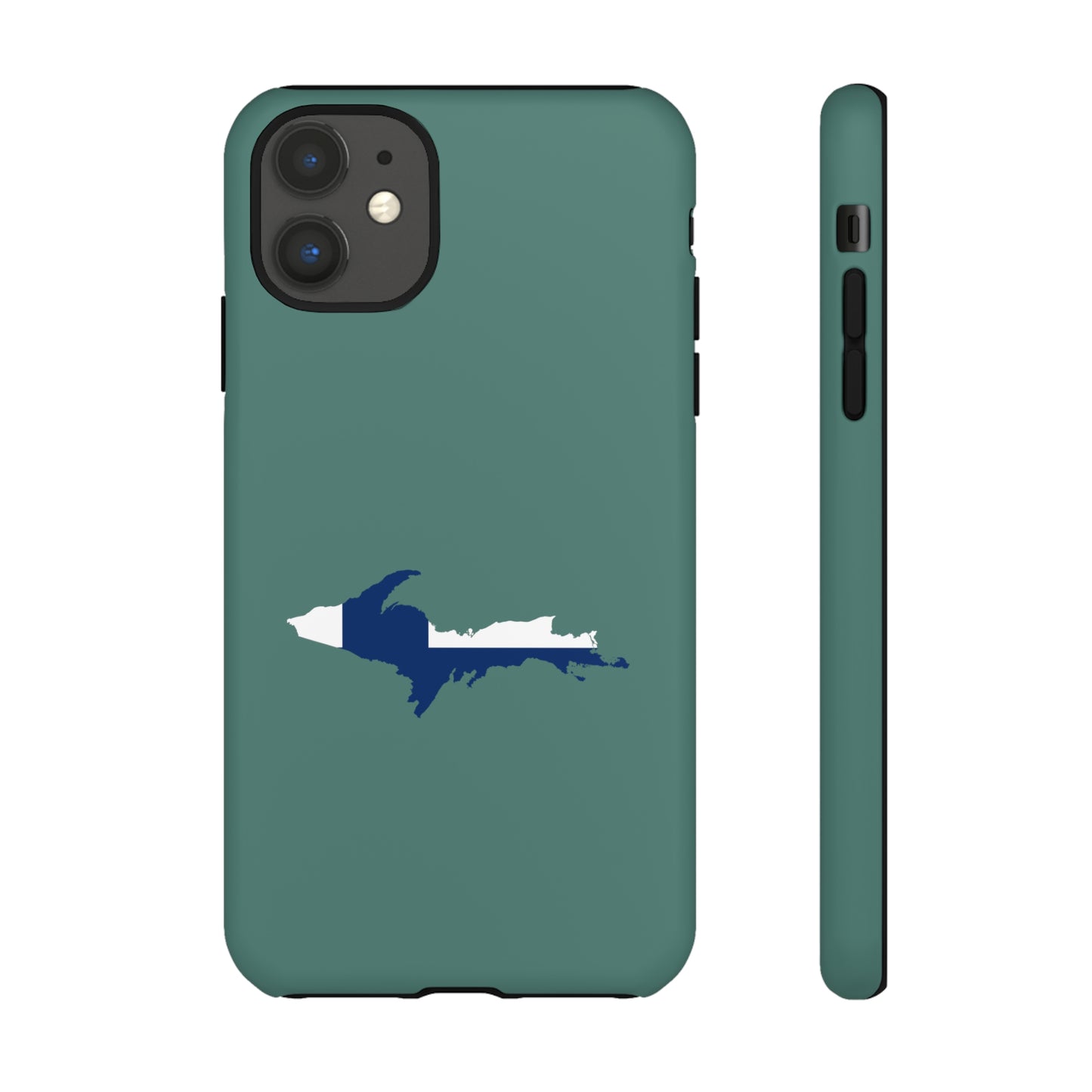 Michigan Upper Peninsula Tough Phone Case (Copper Green w/ UP Finland Flag Outline) | Apple iPhone