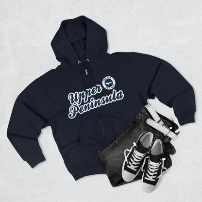 'Upper Peninsula EST 1837' Hoodie (Navy Script Font) | Unisex Full Zip