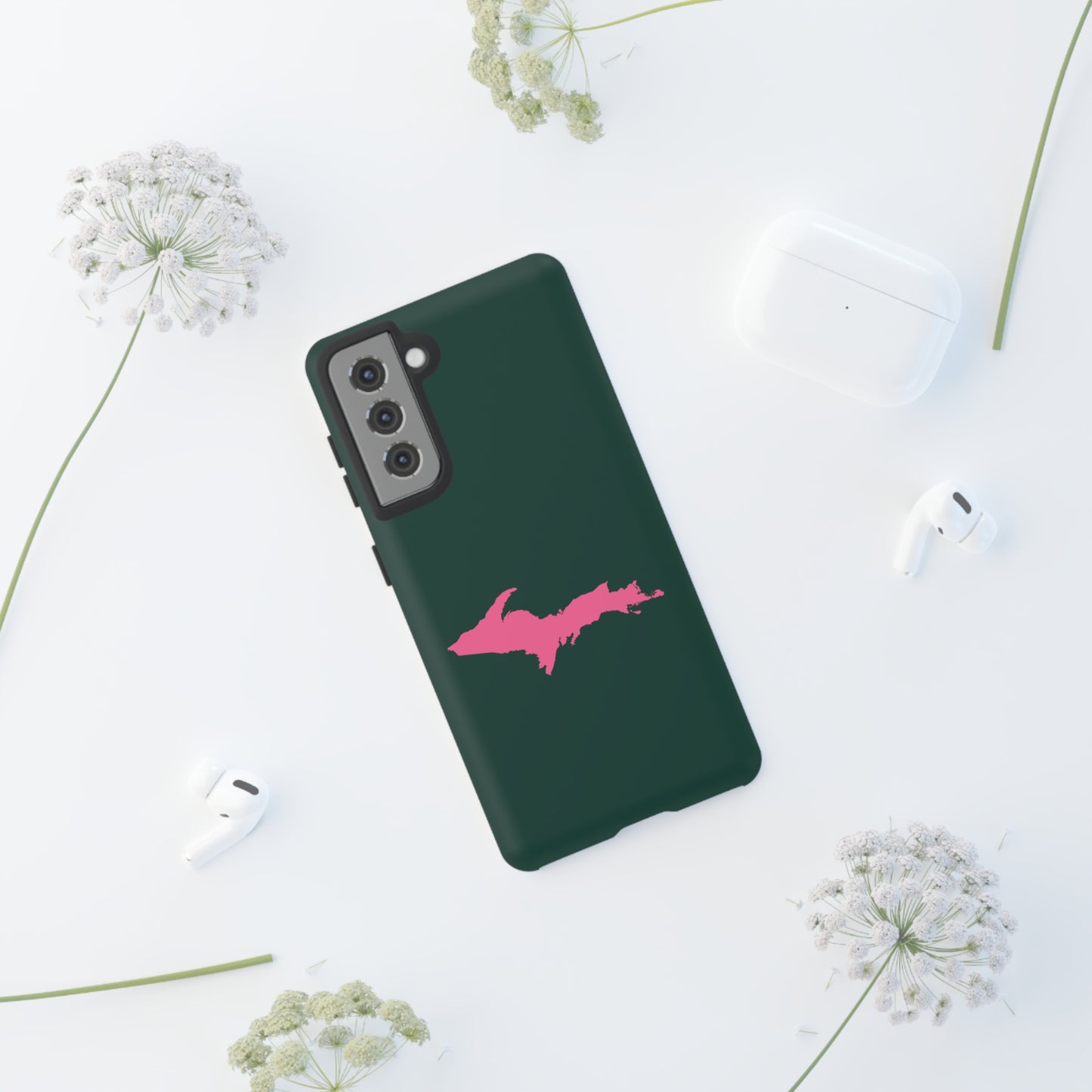 Michigan Upper Peninsula Tough Phone Case (Green w/ Pink UP Outline) | Samsung & Pixel Android