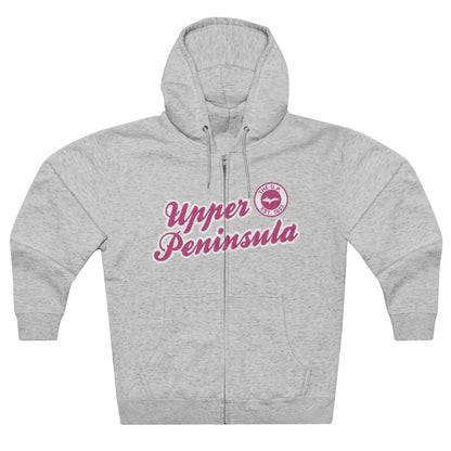 'Upper Peninsula EST 1837' Hoodie (Apple Blossom Pink Script Font) | Unisex Full Zip