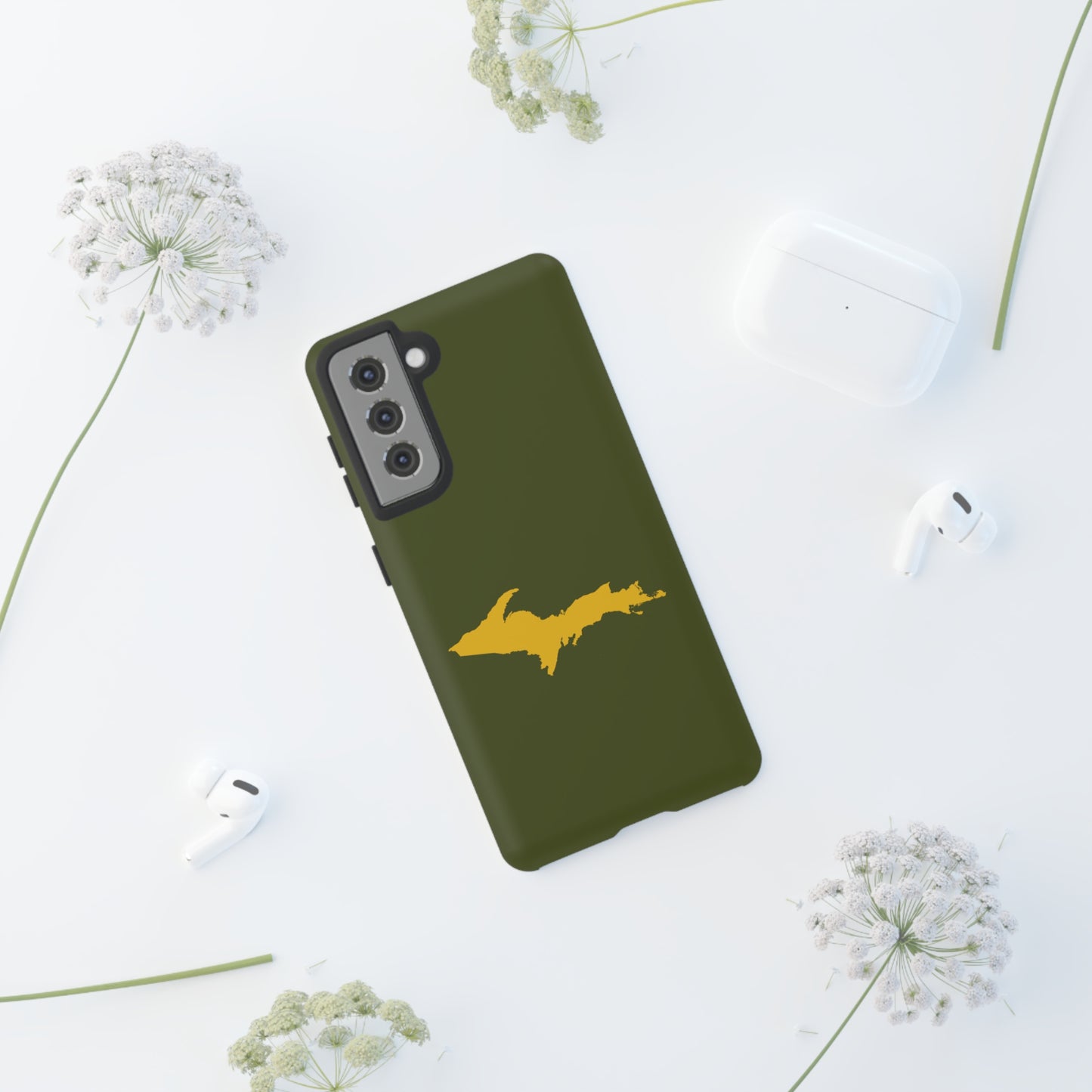 Michigan Upper Peninsula Tough Phone Case (Army Green w/ Gold UP Outline) | Samsung & Pixel Android