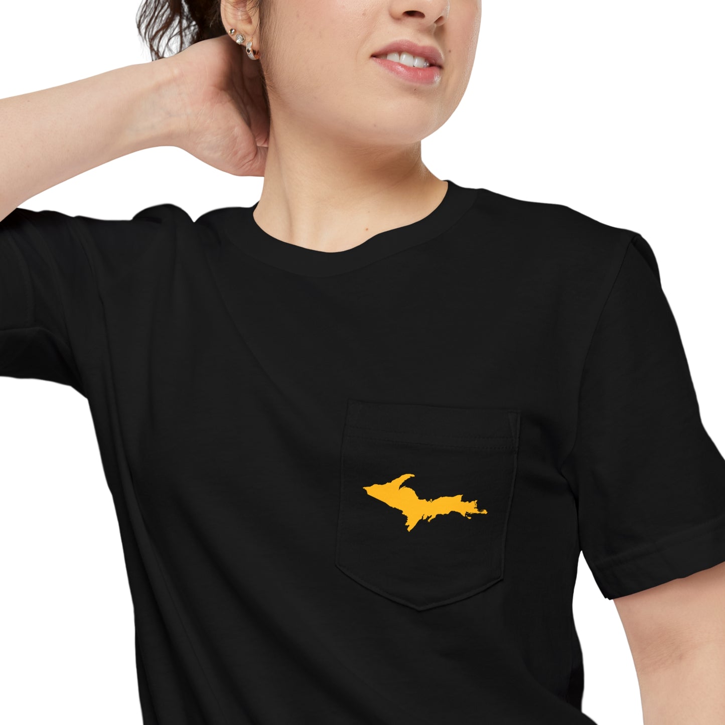 Michigan Upper Peninsula Pocket T-Shirt (w/ Gold UP Outline) | Unisex Standard