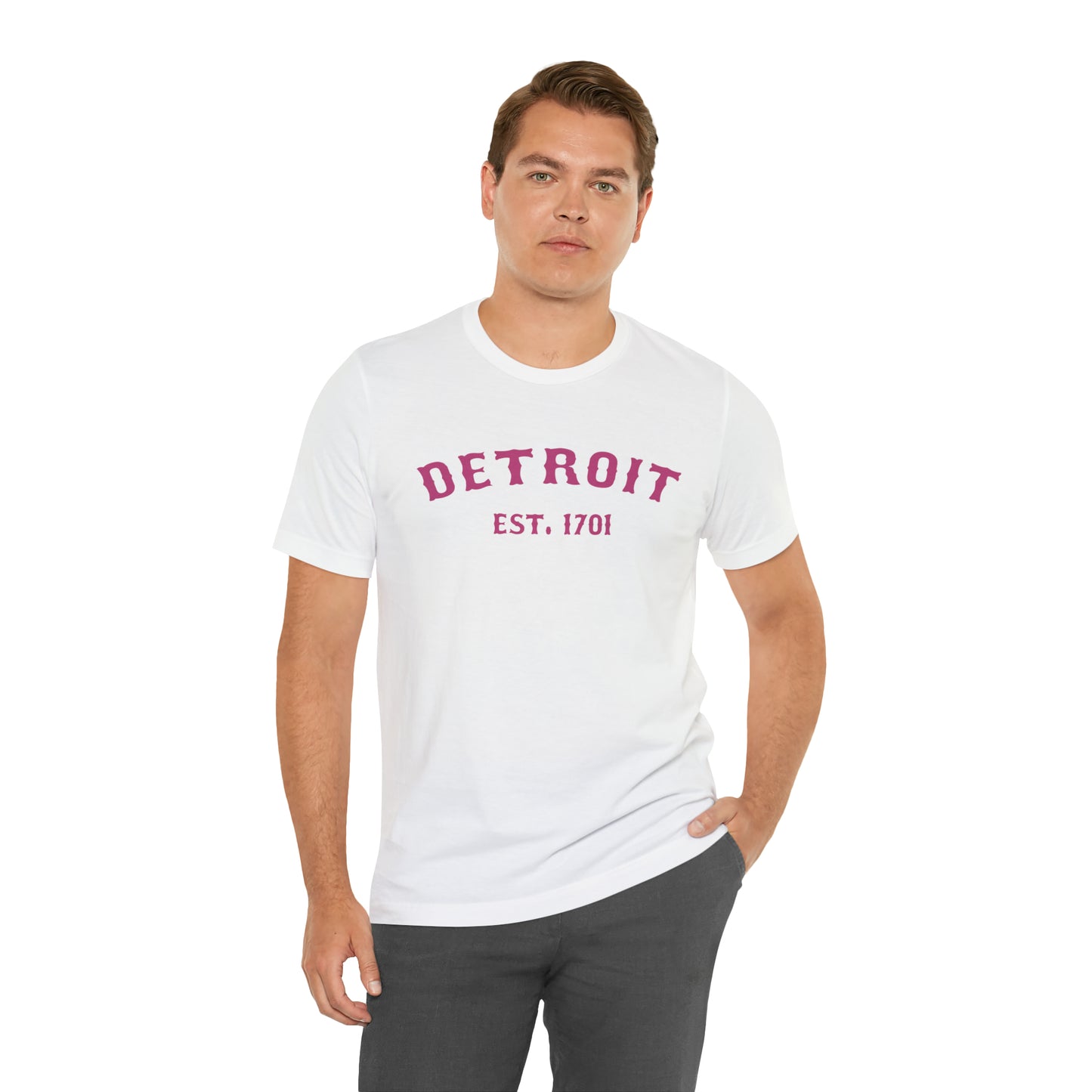 'Detroit EST. 1701' T-Shirt (Apple Blossom Pink Ballpark Font) | Unisex Standard