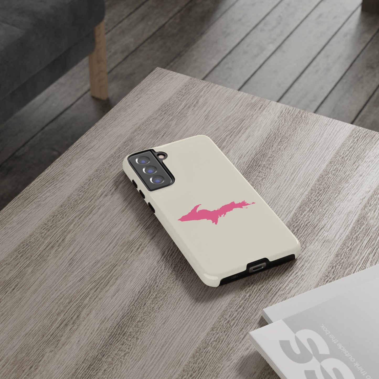 Michigan Upper Peninsula Tough Phone Case (Ivory Color w/ Pink UP Outline) | Samsung & Pixel Android