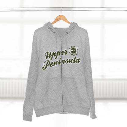 'Upper Peninsula EST 1837' Hoodie (Army Green Script Font) | Unisex Full Zip