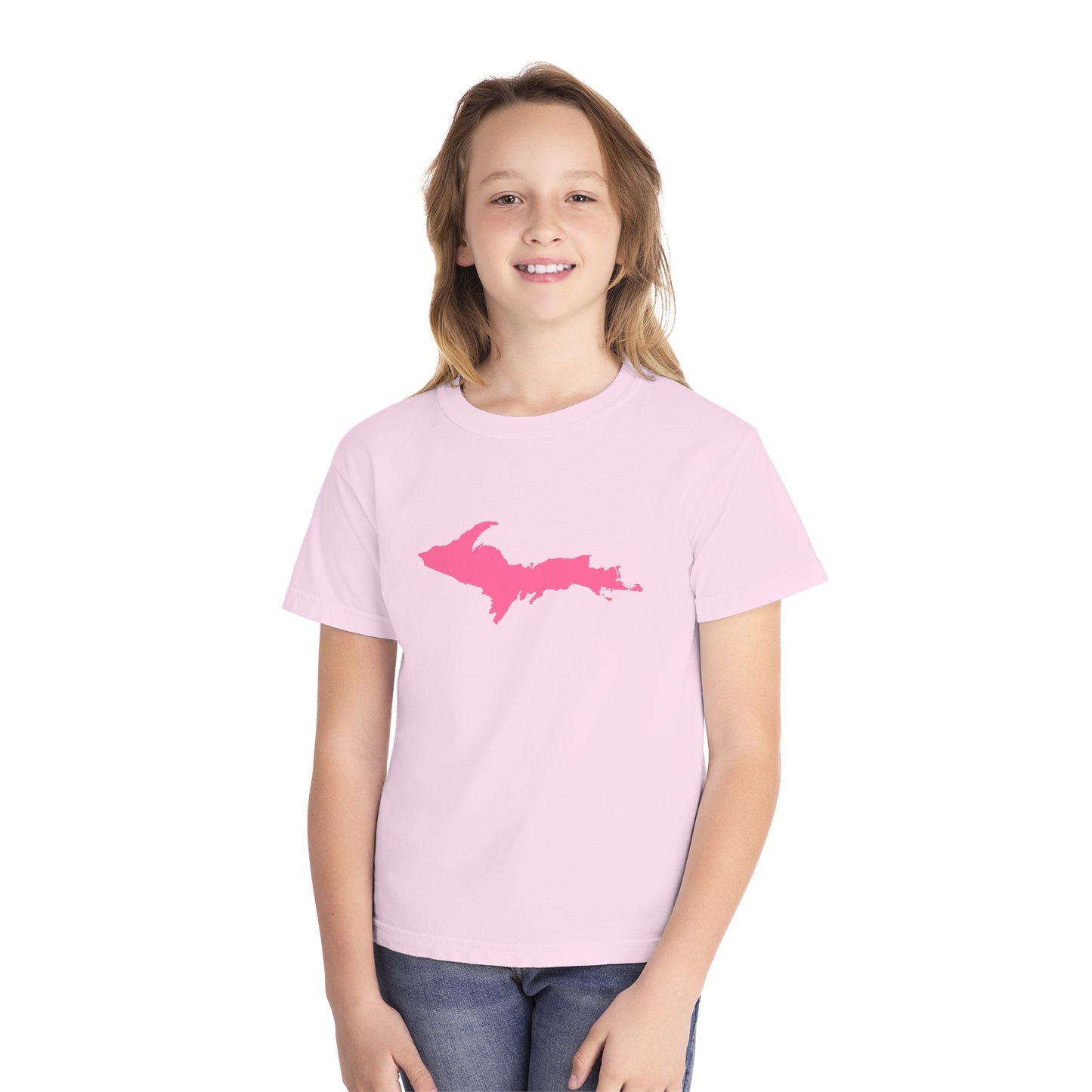 Michigan Upper Peninsula T-Shirt (w/ Pink UP Outline) | Youth Garment-Dyed