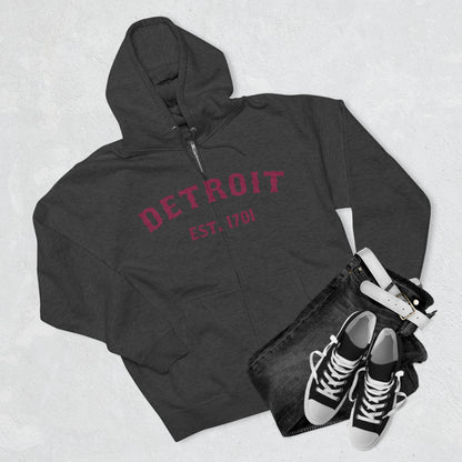 'Detroit EST. 1701' Hoodie (Ruby Red Ballpark Font) | Unisex Full Zip