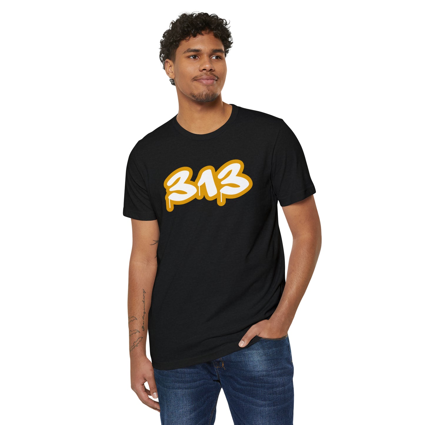 Detroit '313' T-Shirt (Tag Font w/ Gold Stroke) | Unisex Recycled Organic