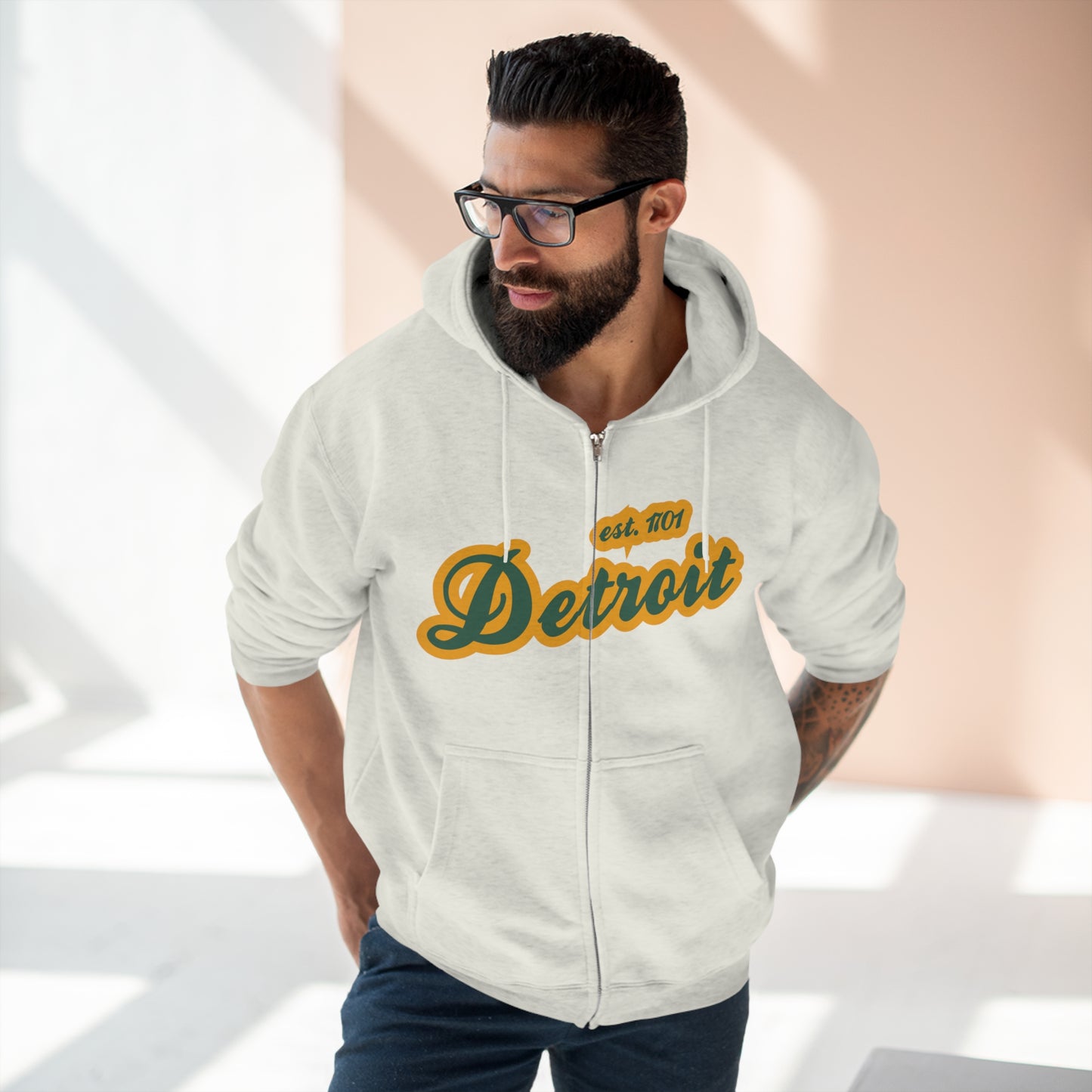 'Detroit EST 1701' Hoodie (Ginger Ale Green Script Font) | Unisex Full Zip