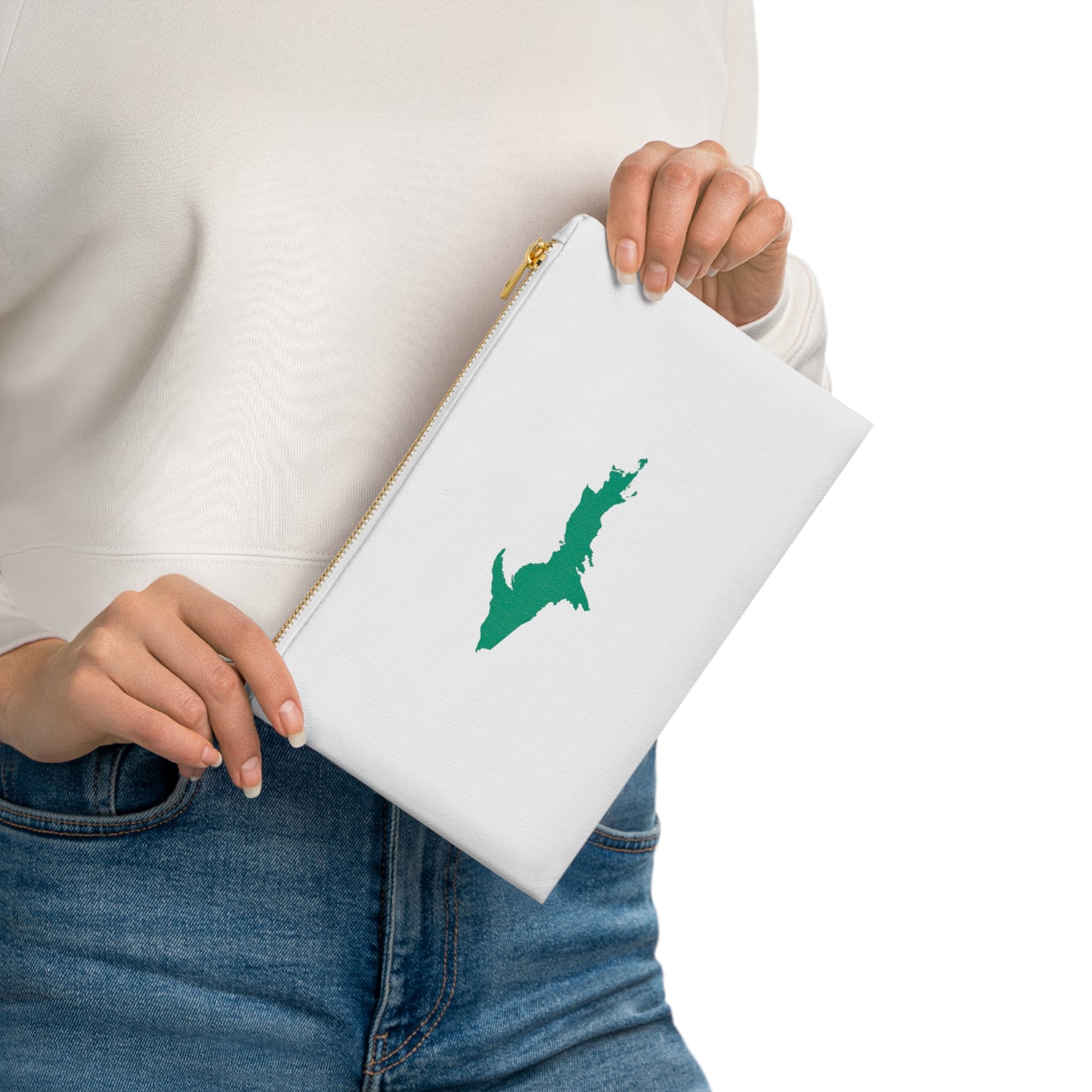 Michigan Upper Peninsula Cosmetic Bag (Emerald Green Outline) | Cotton Canvas