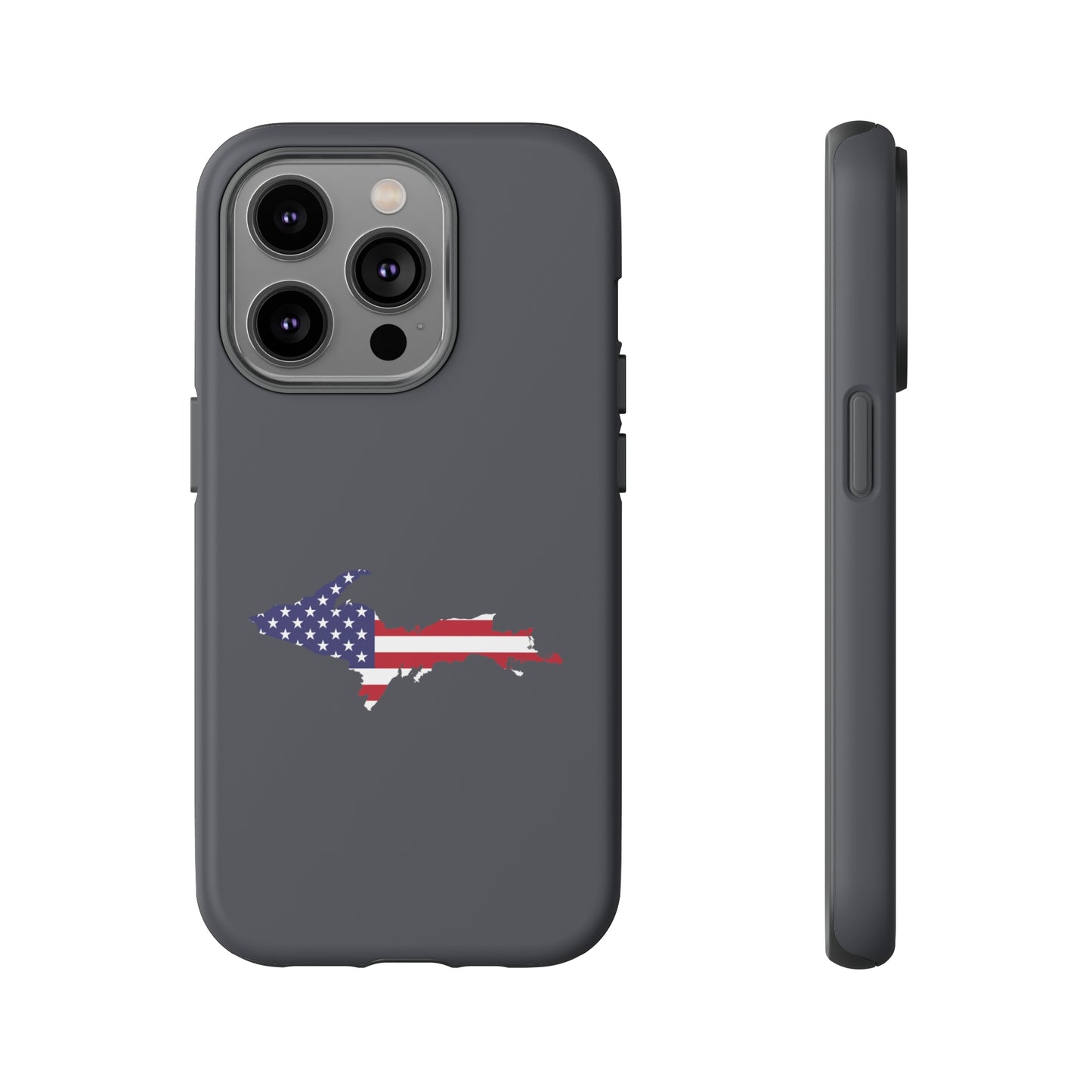 Michigan Upper Peninsula Tough Phone Case (Iron Ore Grey w/ UP USA Flag Outline) | Apple iPhone