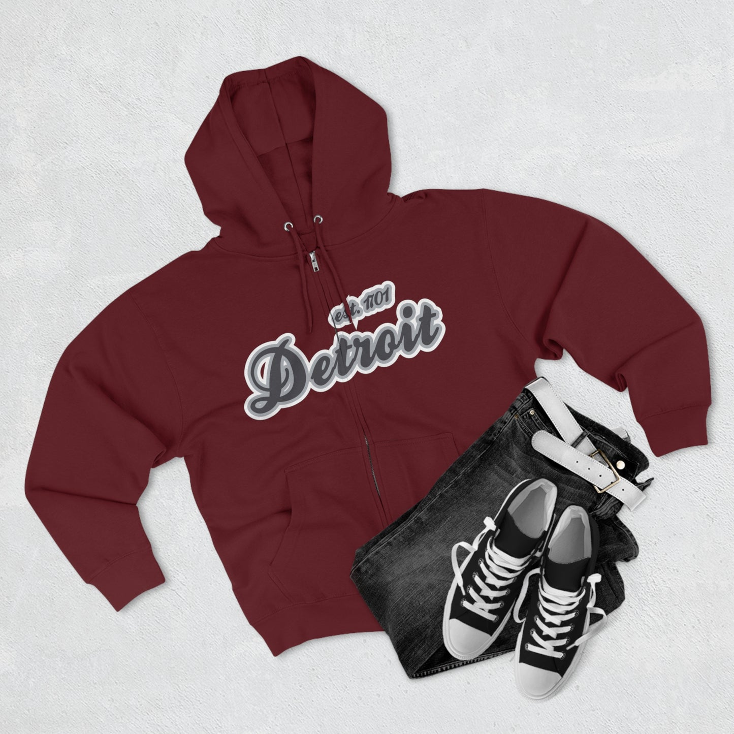 'Detroit EST 1701' Hoodie (Iron Ore Grey Script Font) | Unisex Full Zip