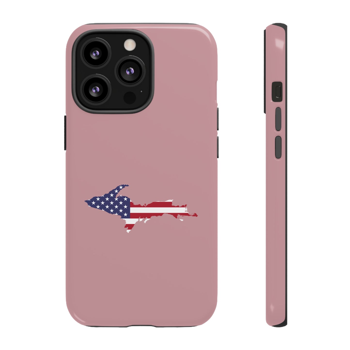 Michigan Upper Peninsula Tough Phone Case (Cherry Blossom Pink w/ UP USA Flag Outline) | Apple iPhone