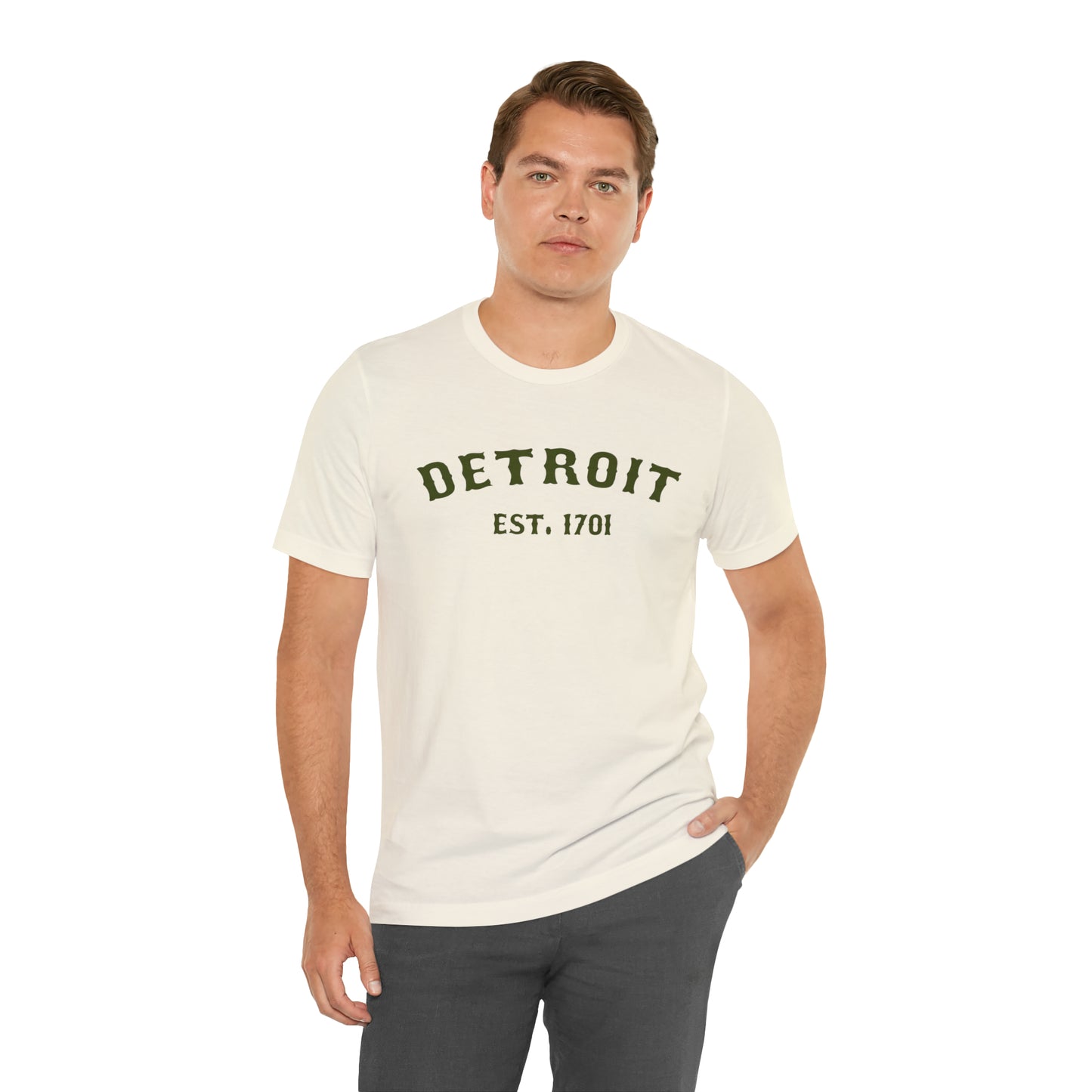 'Detroit EST. 1701' T-Shirt (Army Green Ballpark Font) | Unisex Standard