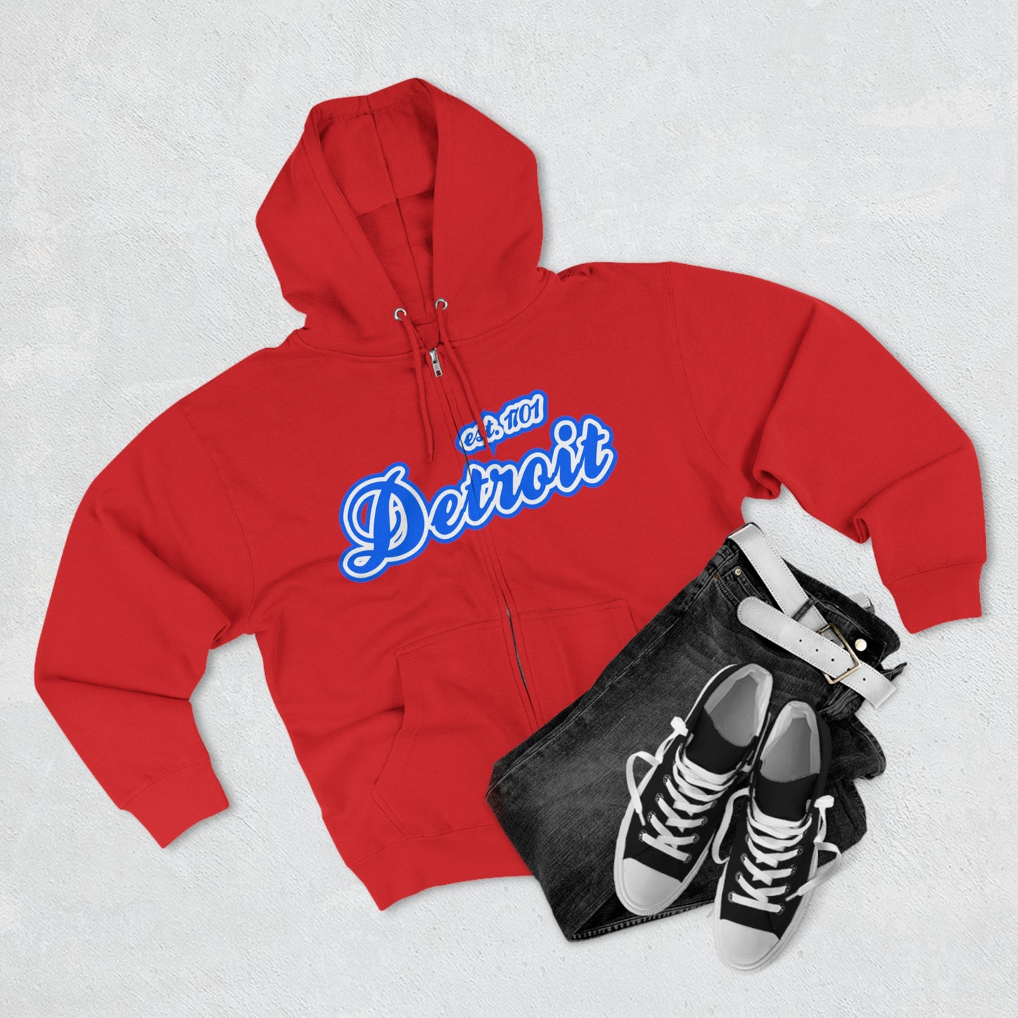 'Detroit EST 1701' Hoodie (Motor Town Blue Script Font) | Unisex Full Zip