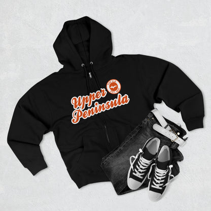 Upper Peninsula EST 1837' Hoodie (Maple Leaf Orange Script Font) | Unisex Full Zip