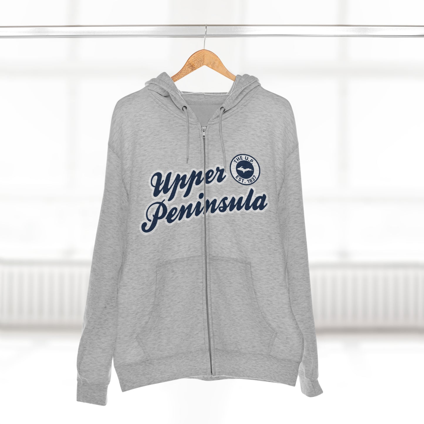 'Upper Peninsula EST 1837' Hoodie (Navy Script Font) | Unisex Full Zip