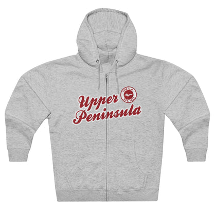 'Upper Peninsula EST 1837' Hoodie (Thimbleberry Red Script Font) | Unisex Full Zip