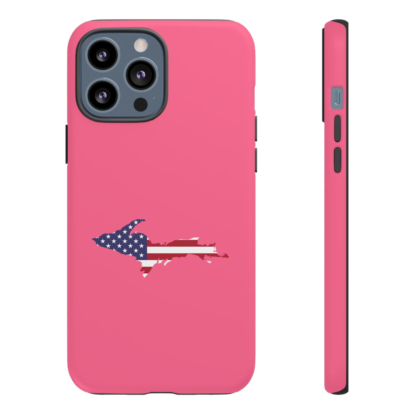 Michigan Upper Peninsula Tough Phone Case (Rhodochrosite Pink w/ UP USA Flag Outline) | Apple iPhone