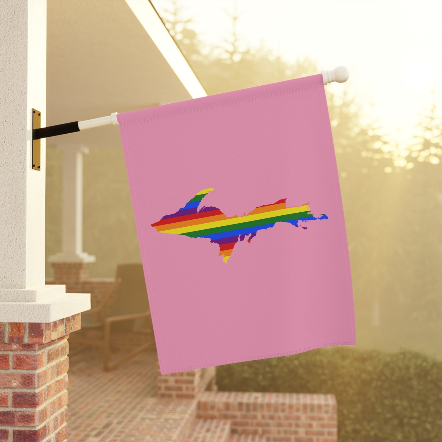 Michigan Upper Peninsula Home & Garden Flag (w/ UP Rainbow Pride Flag) | '67 Caddie Pink