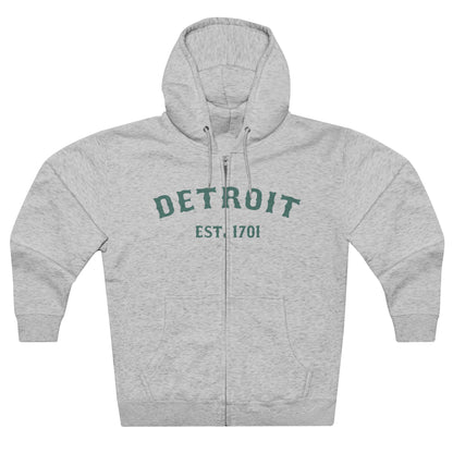 'Detroit EST. 1701' Hoodie (Copper Green Ballpark Font) | Unisex Full Zip