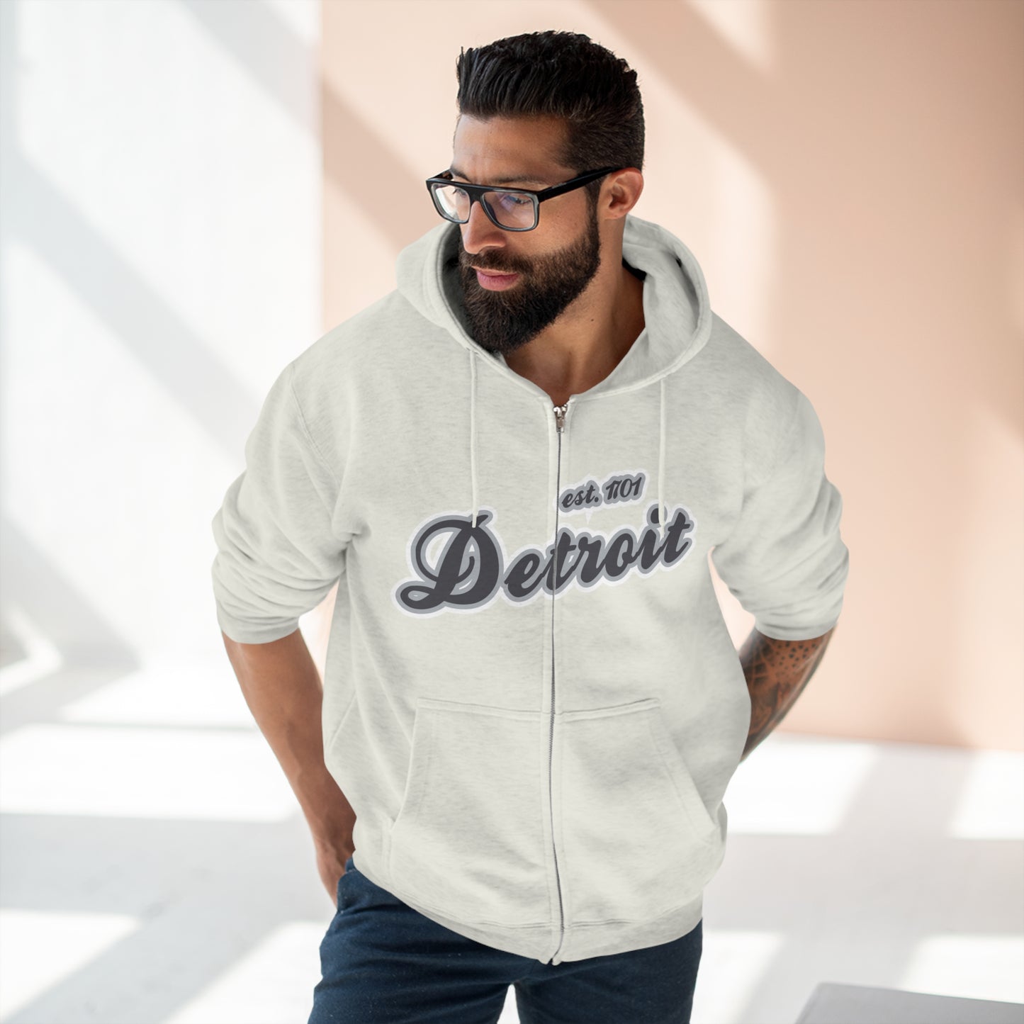 'Detroit EST 1701' Hoodie (Iron Ore Grey Script Font) | Unisex Full Zip