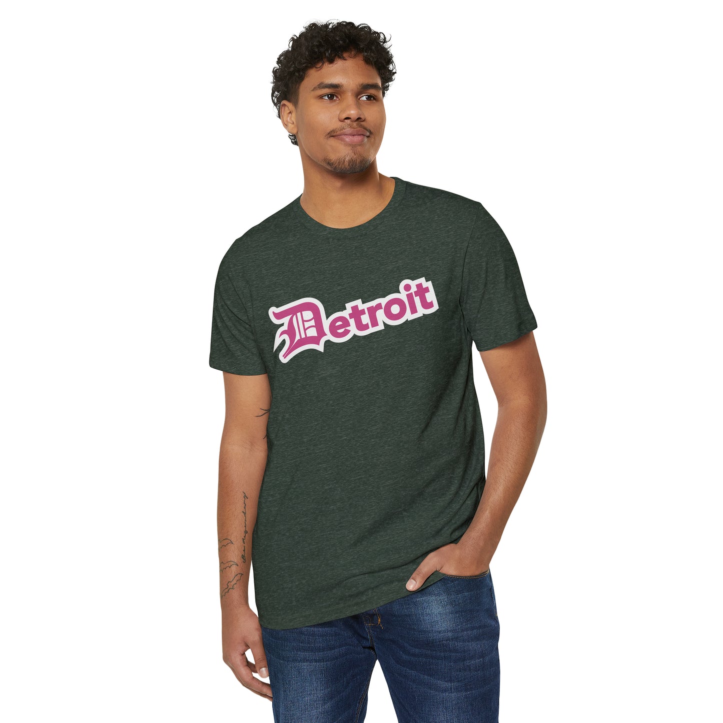 'Detroit' T-Shirt (Apple Blossom Pink Old English 'D') | Unisex Recycled Organic