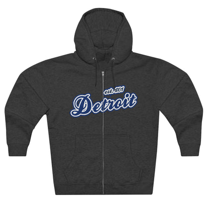 'Detroit EST 1701' Hoodie (Dearborn Blue Script Font) | Unisex Full Zip