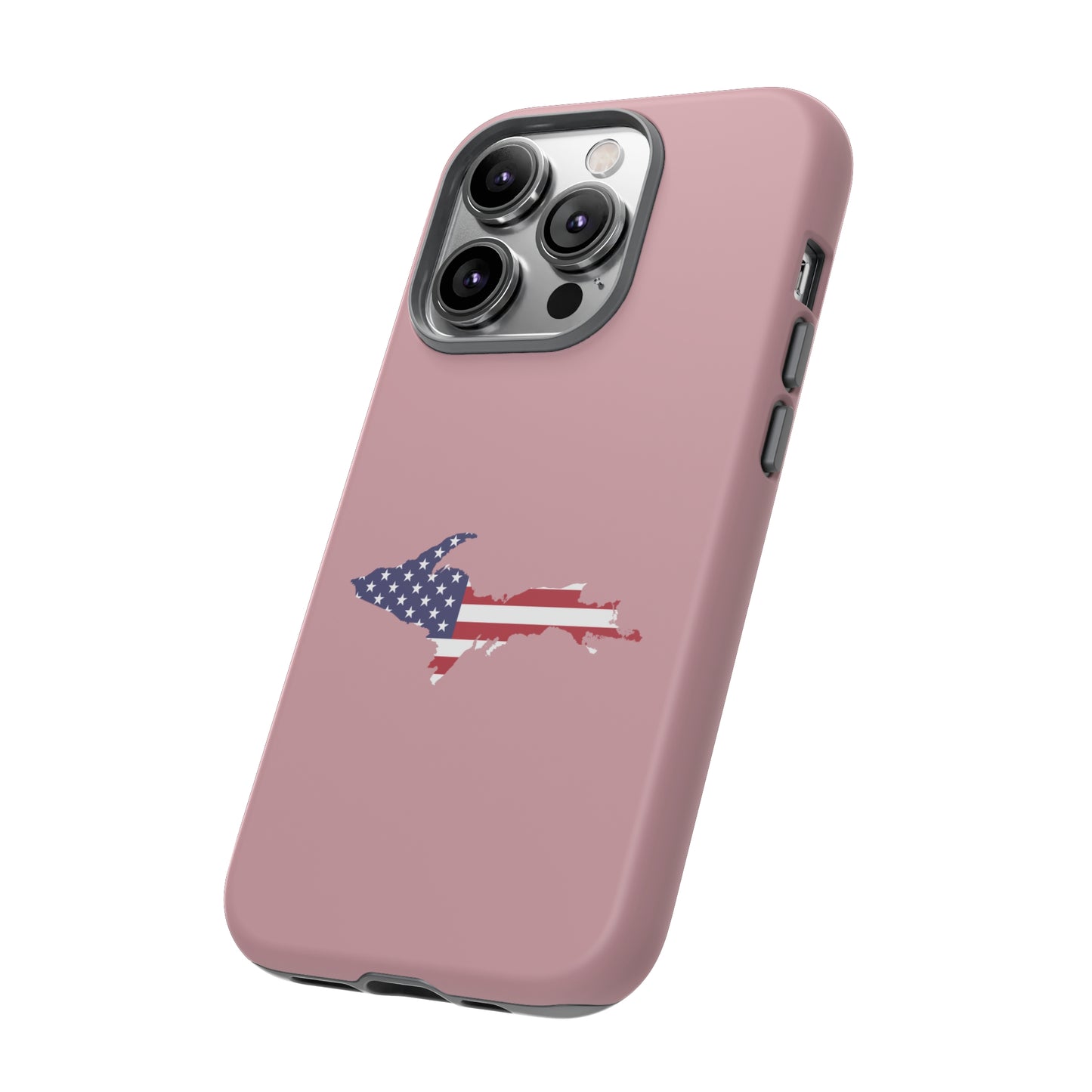 Michigan Upper Peninsula Tough Phone Case (Cherry Blossom Pink w/ UP USA Flag Outline) | Apple iPhone