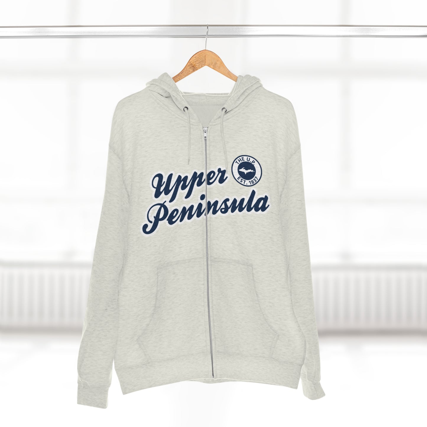 'Upper Peninsula EST 1837' Hoodie (Navy Script Font) | Unisex Full Zip