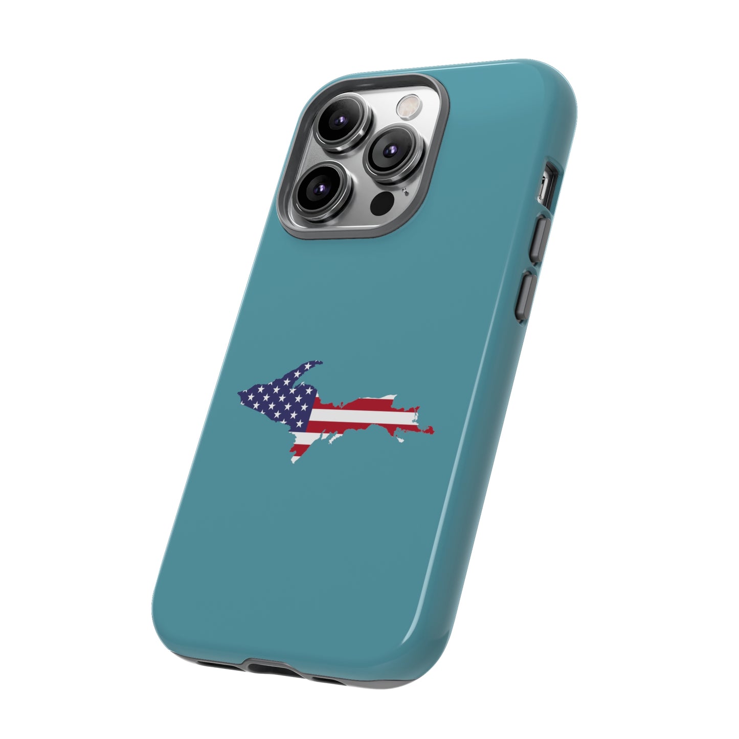 Michigan Upper Peninsula Tough Phone Case (Lake Huron Blue w/ UP USA Flag Outline) | Apple iPhone