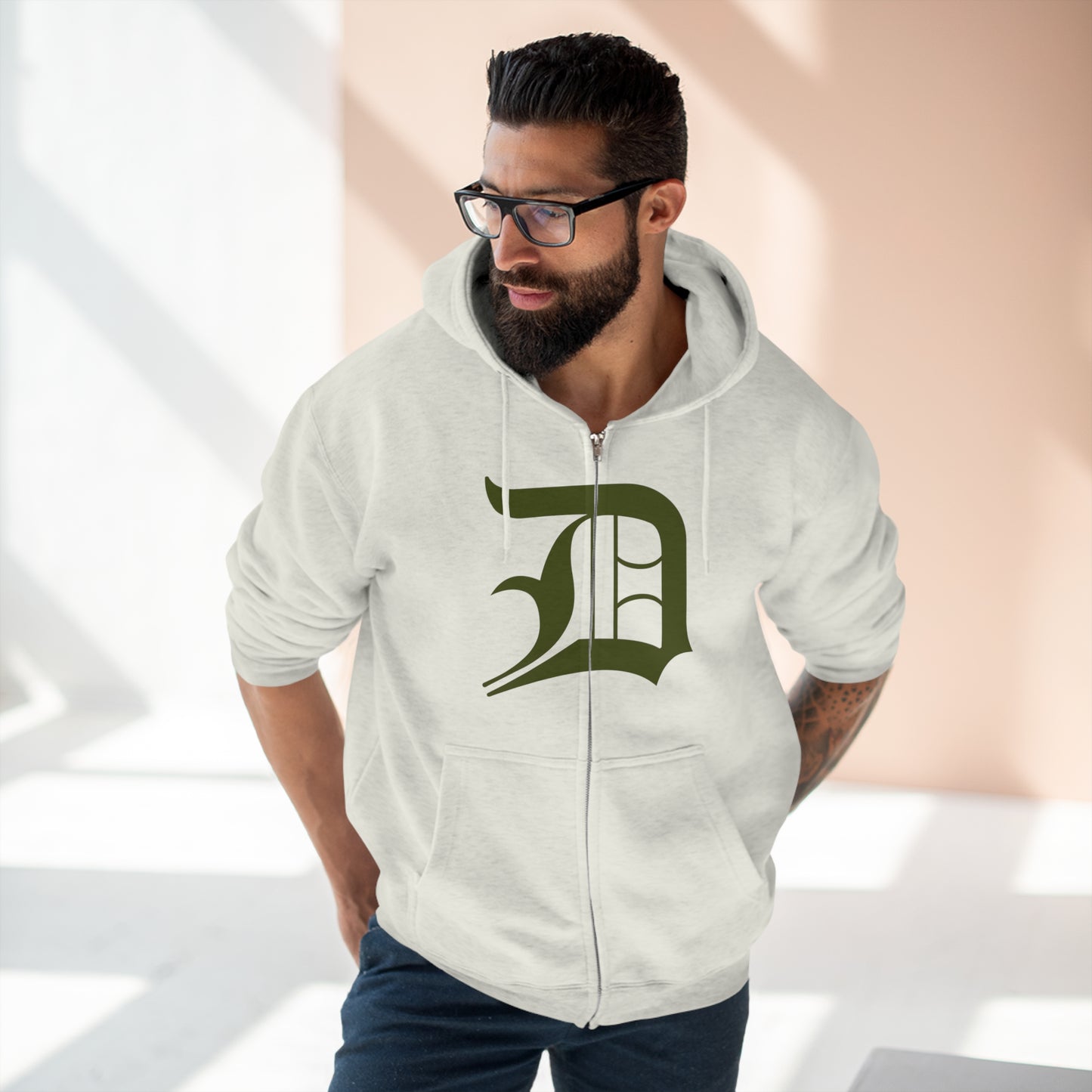 Detroit 'Old English D' Hoodie (Full-Body Army Green) | Unisex Full Zip